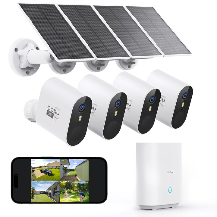 aosu 3K 5MP UHD Überwachungskamera Aussen Solar Akku 4 Cam Kit mit aosuBase 32GB Lokal Speicher Kein