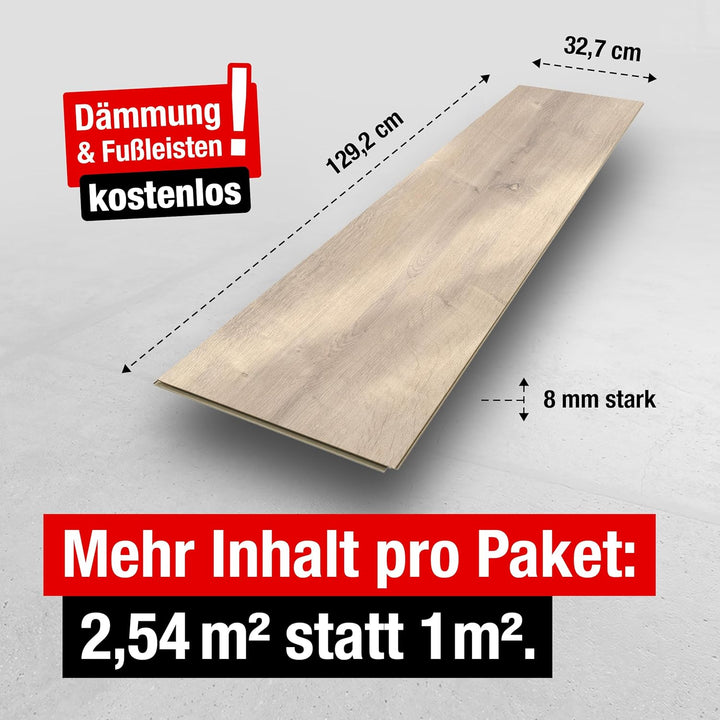 Premium Klick-Laminat-Boden, 2,54 m², inkl. kostenlose Trittschalldämmung & Fussleisten, Stärke 8 mm