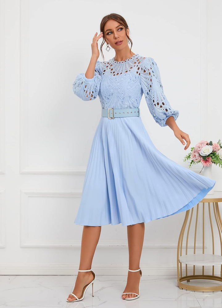 IWFEV Spitzenkleid, plissiert, Puffärmel, wadenlang, kurze Ärmel, Midi-Kleid, hohles Party-Abendklei