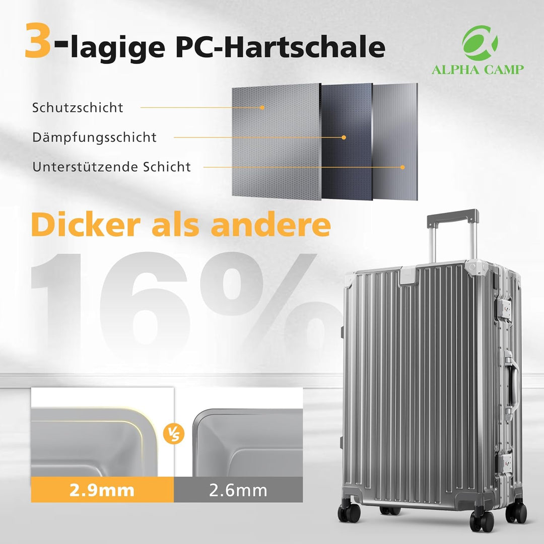 ALPHA CAMP Koffer Polycarbonat L Reisekoffer TSA Schloss Hartschalenkoffer mit Rollen 44x26.4x65.8cm
