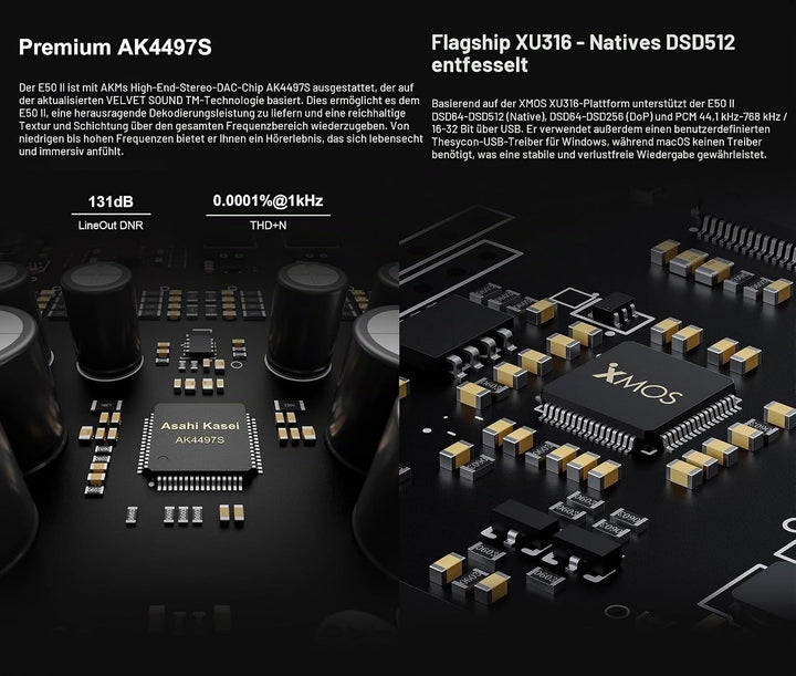 Topping E50 II Mini-HiFi-DAC AK4497S DSD512 PCM768kHz USB-DAC USB-C/Koax/Opt/BT-Eingänge RCA/TRS-Aus