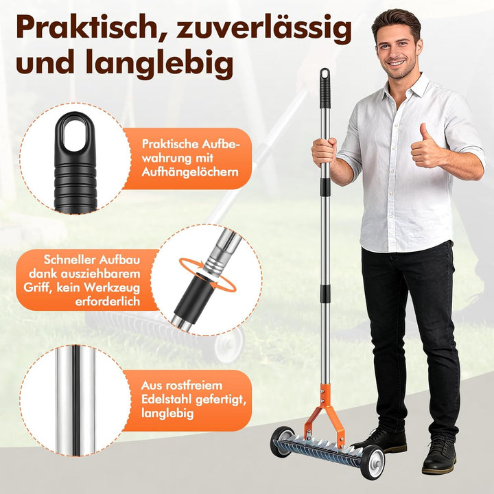 Vertikutierer Rechen mit Rädern,166cm Handvertikutierer,Manueller Vertikutierer mit Verstellbarer St