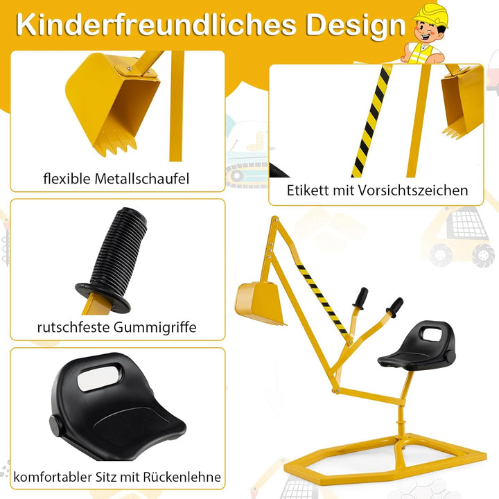 DREAMADE Kinder Bagger für Sandkasten, Metall-Aufsitzbagger mit 360° drehbarem Sitz, Flexibler Schau