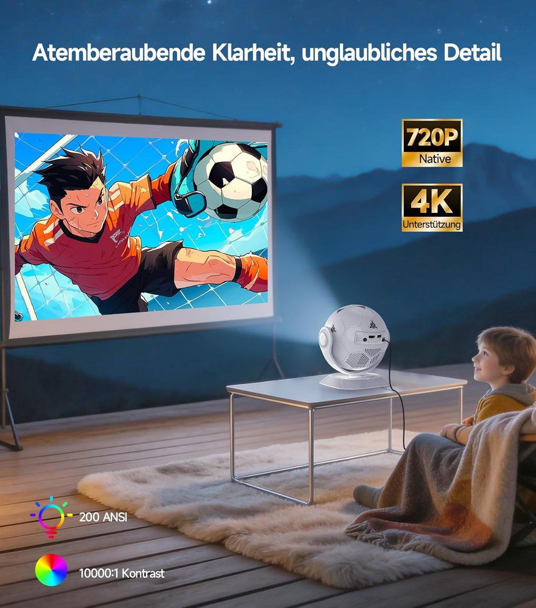 Magcubic Mini Beamer Projektor 4K Support, 360° Fussball-Motiv Beamer Klein Heimkino Outdoor WiFi 6