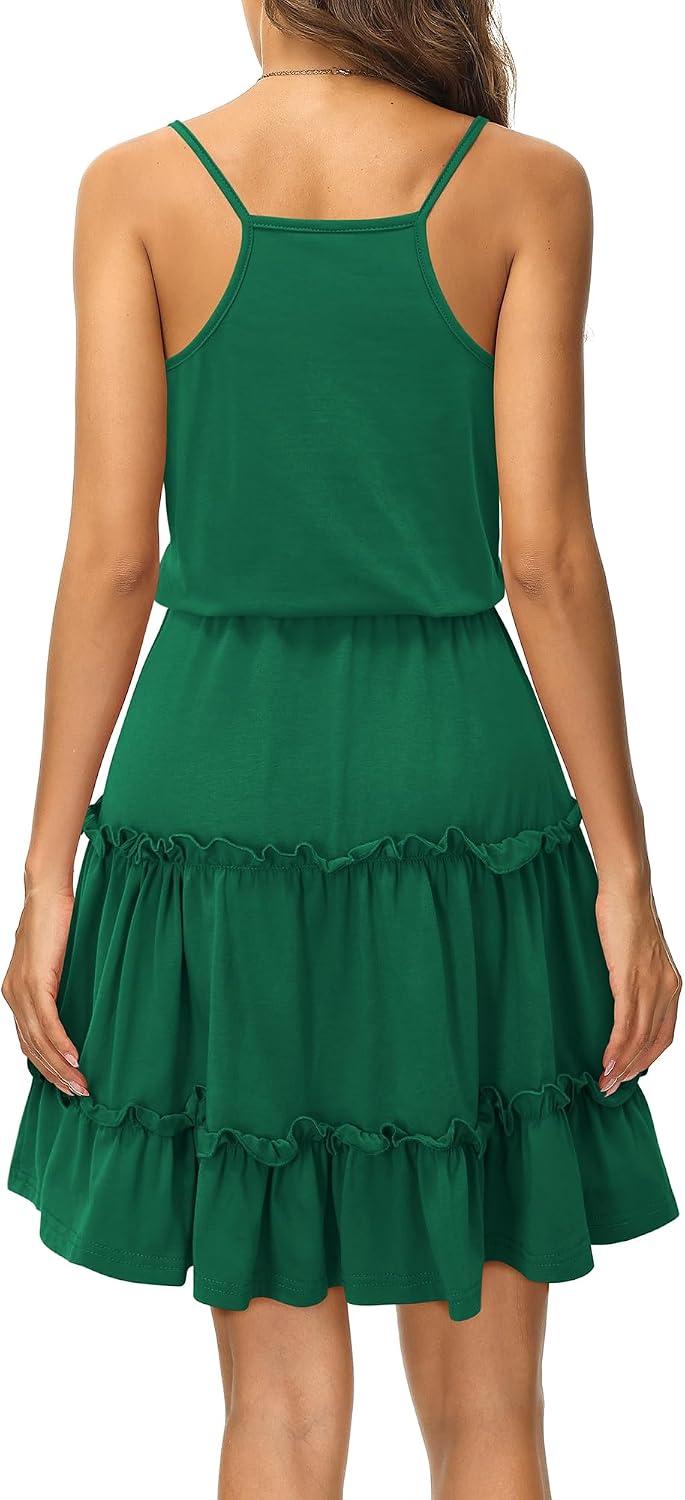 Newshows Sommerkleid Damen Knielang Spaghettiträger Kleid V-Ausschnitt Strandkleider S Dunkelgrün, S
