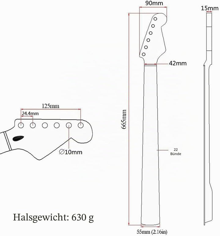 BTSEURY 22 Bünde E-Gitarre Hals Ahorn Gitarre Hals Griffbrett kompatibel für ST E-Gitarre