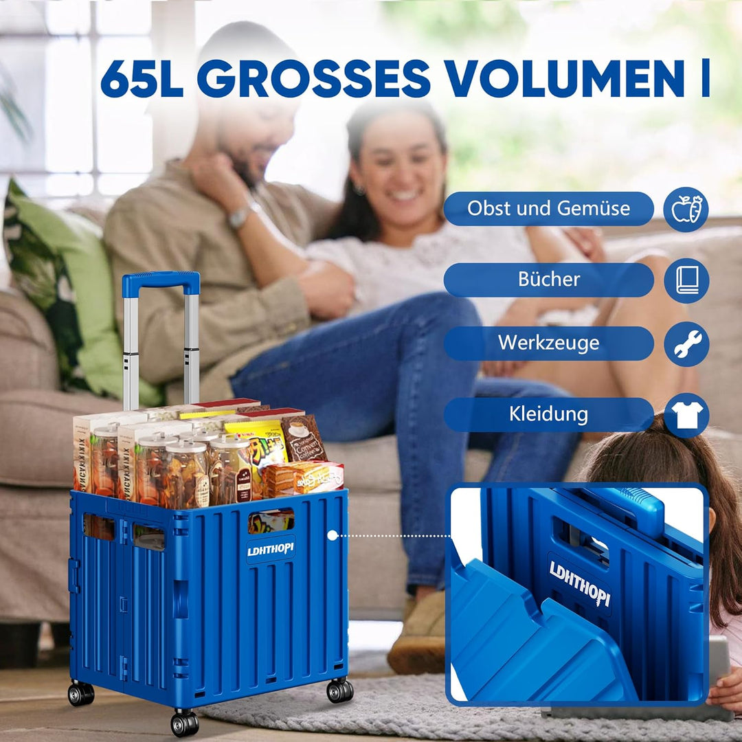 LDHTHOPI Einkaufstrolley klappbar 65L,MAX 50KG Trolley mit Teleskopgriff,4 Zerlegbaren Drehbaren Räd