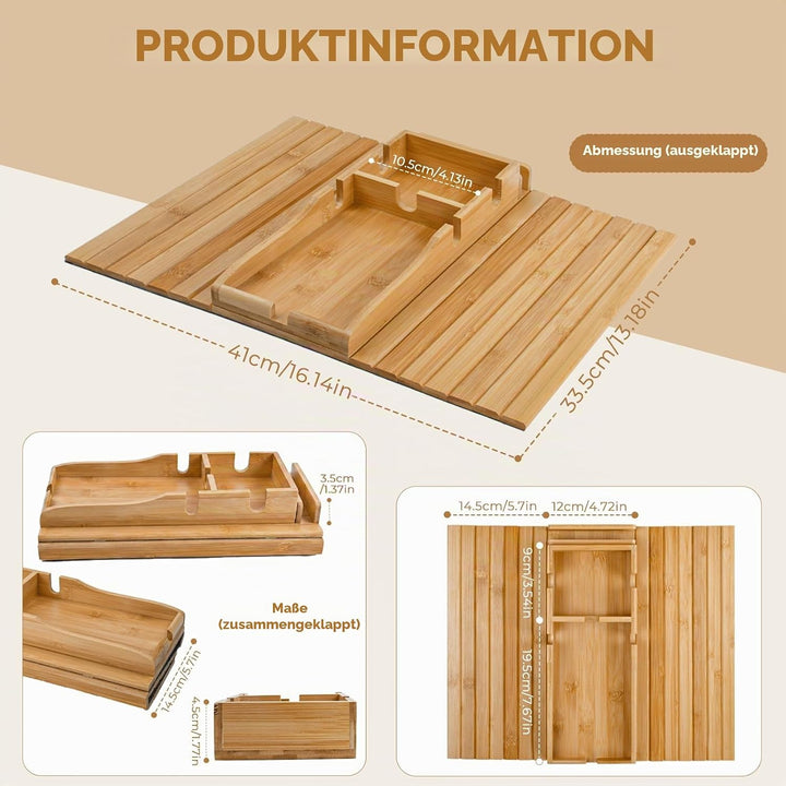 Sofatablett 2-in-1, Bambus Sofa Armlehnen Tablett mit Getränkehalter und Tablet Ständer, Faltbarer C