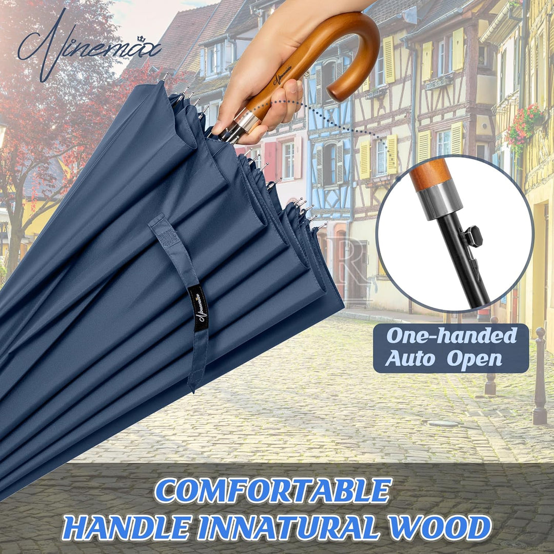 NINEMAX Regenschirm Stockschirm Sturmfest für Herren Damen, Grosser Regenschirm Holzgriff, Classic S