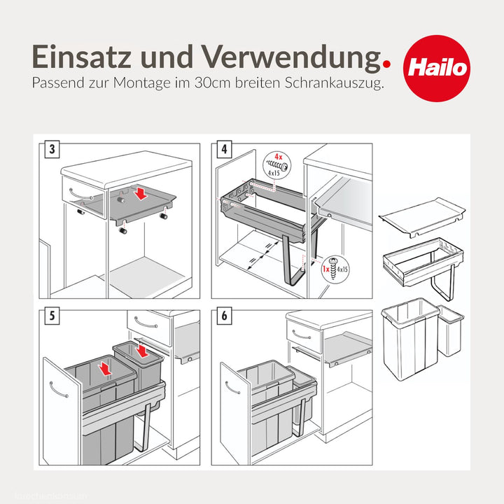Hailo Abfallsammler 38+7 L Tandem | Einbau-Abfallsystem für Schränke | Küchen-Mülleimer mit 2fach Mü