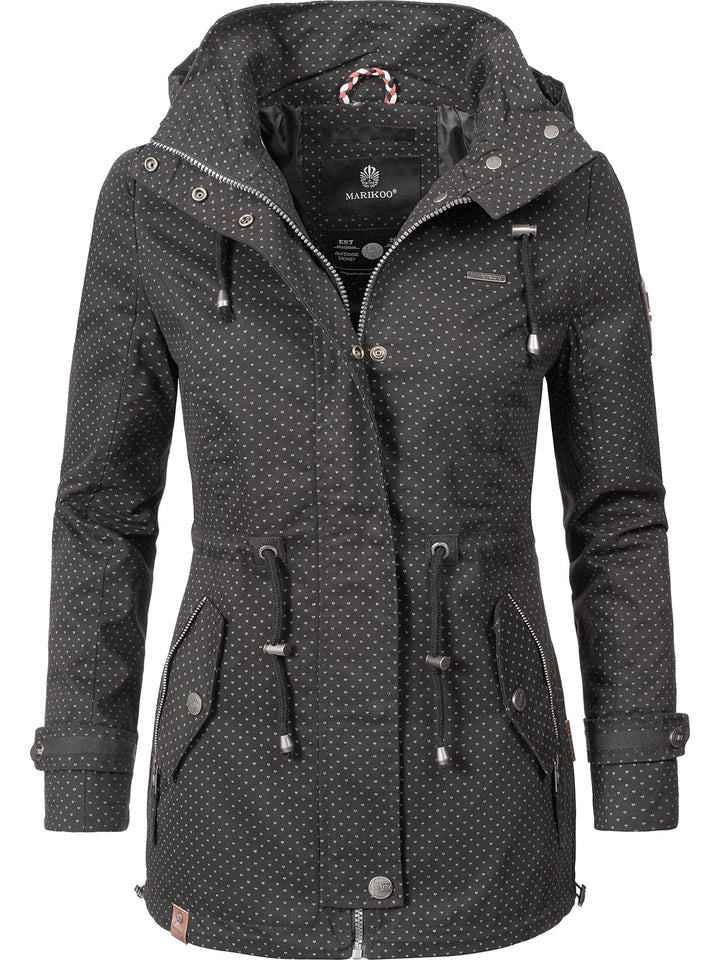 MARIKOO Damen leichte Übergangsjacke Baumwoll-Parka mit Kapuze Nyokoo XS-XXL S Schwarz Dots, S Schwa