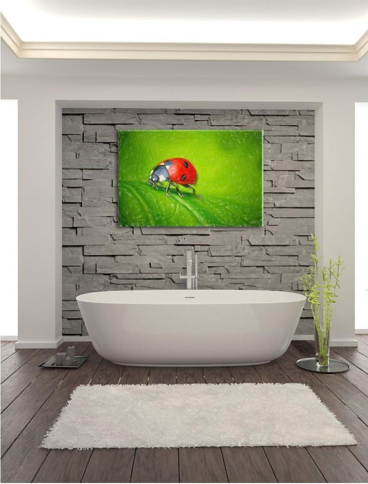 Pixxprint Marienkäfer auf Blatt als Leinwandbild/Grösse: 100x70 / Wandbild/Kunstdruck/fertig bespann