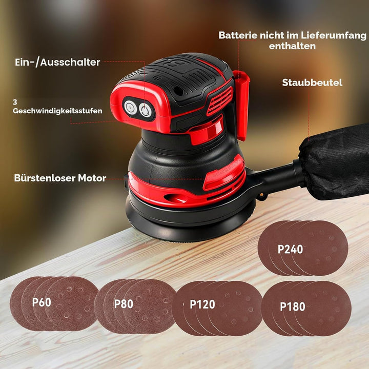 Akku-Exzenterschleifer kompatibel mit Milwaukee M18 18V Akku, 125mm Schleifteller, 11000 U/min Bürst