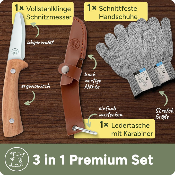 Eli® Schnitzmesser für Kinder mit Schnitzholz und Ledertasche ab 8 Jahre - hochwertiges Kindermesser