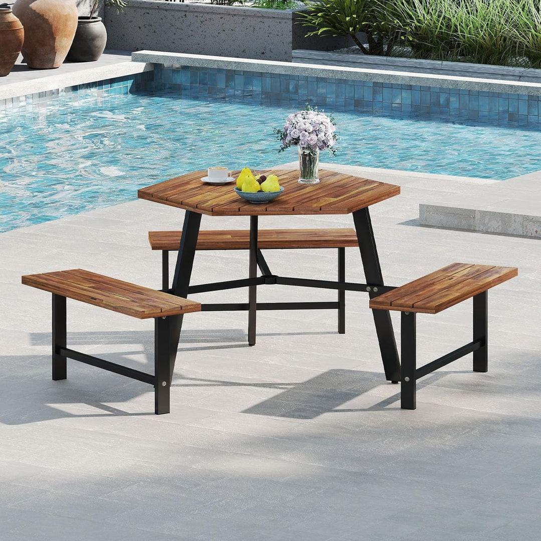 COSTWAY Picknicktisch Set für 6 Personen, Gartentisch aus Akazienholz mit Schirmloch &amp; 3 Bänken, Ter