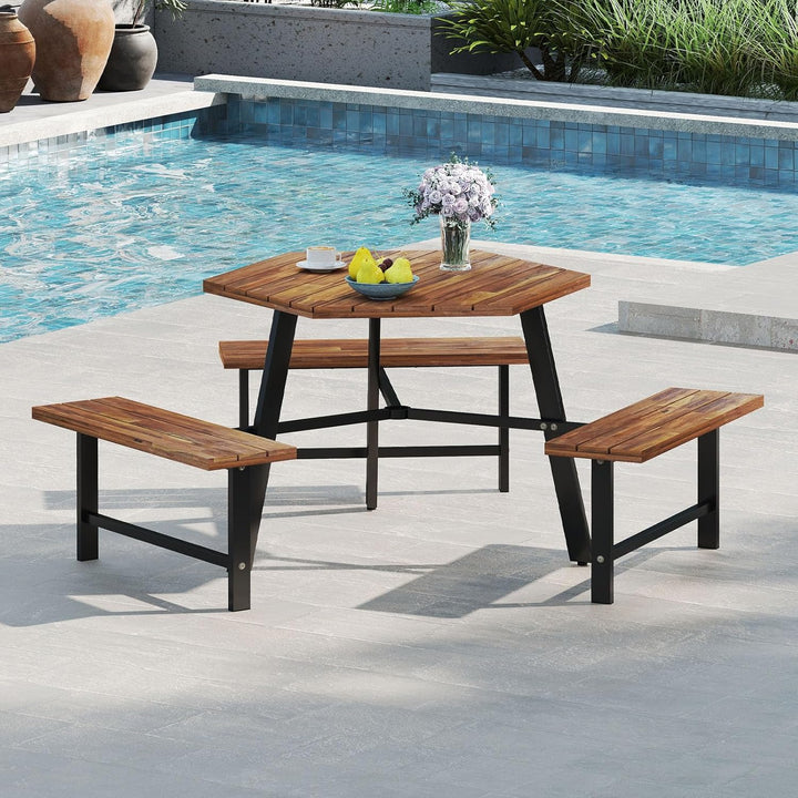 COSTWAY Picknicktisch Set für 6 Personen, Gartentisch aus Akazienholz mit Schirmloch &amp; 3 Bänken, Ter
