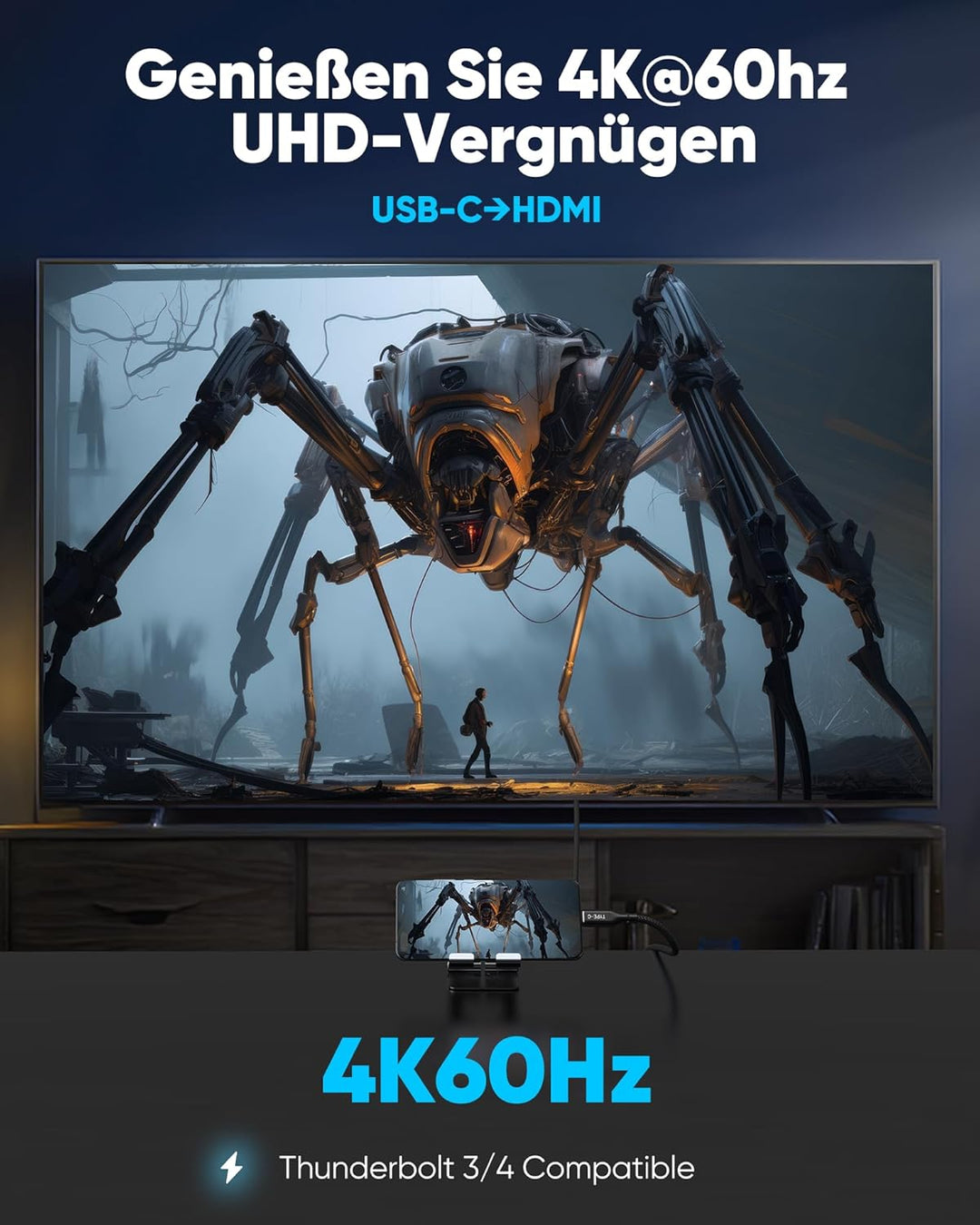 Highwings USB C auf HDMI Kabel 4K@60Hz 3Meter, USB C HDMI Kabel UHD Thunderbolt 3/4 Kompatibel für i