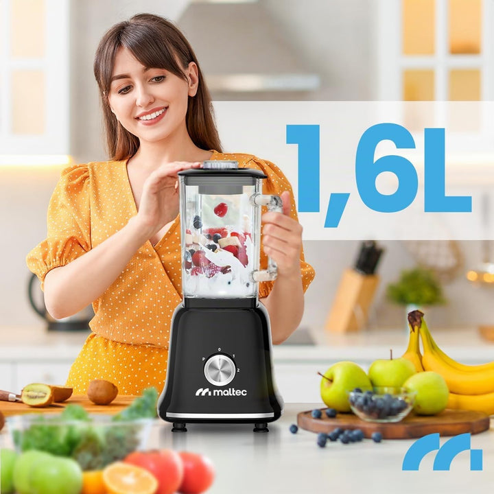 MalTec Standmixer Glas Smoothie Maker für Cocktails BL1800W Blender, Mühle,2 Bidons 1,6l Schwarz