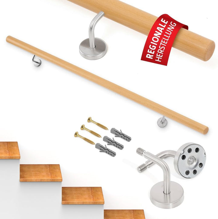 Handlauf Set Holz Buche 45mm rund inkl. 2 Edelstahlhalter zum Einschrauben (190 cm) 190 cm + 2 Halte