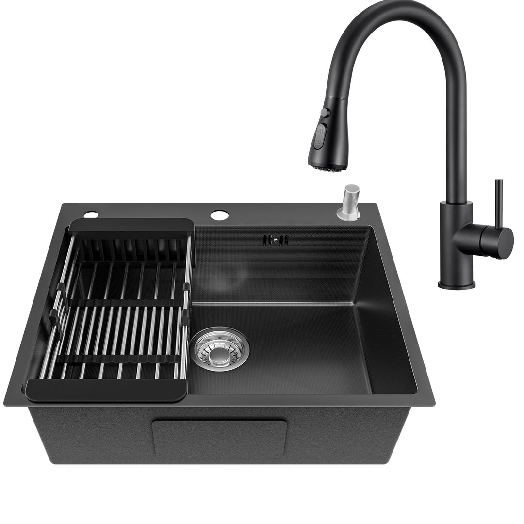 CECIPA Küchenarmatur &amp; Spülbecken Set Schwarz 60×49 cm, Ausziehbarer Wasserhahn Küche mit 360° Drehf