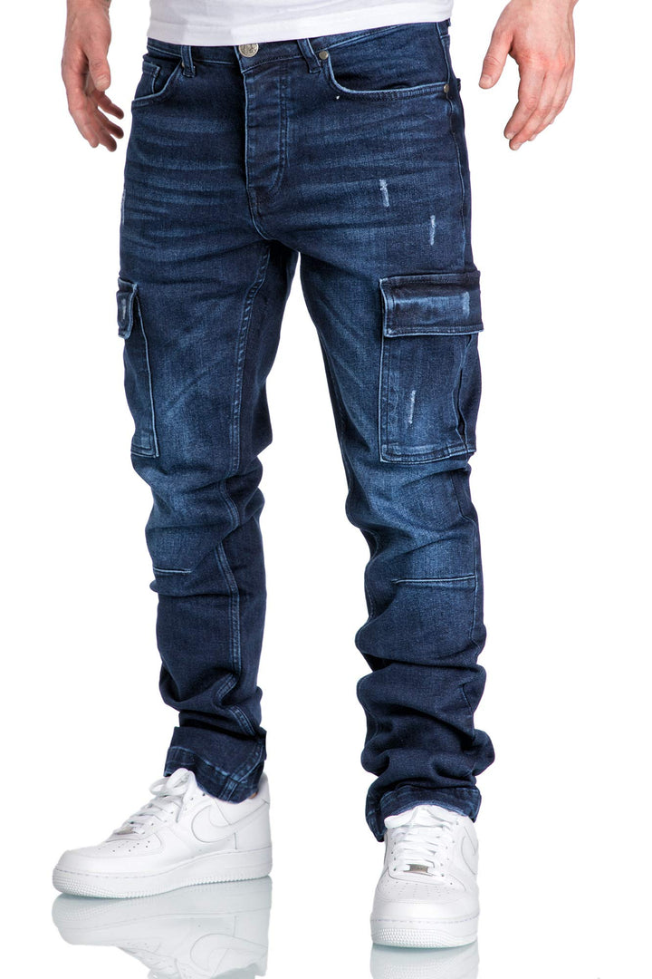 Amaci&Sons Herren Cargo Jeans Regular Slim Denim Hose Destroyed 7985 29W / 32L Dunkelblau, 29W / 32L