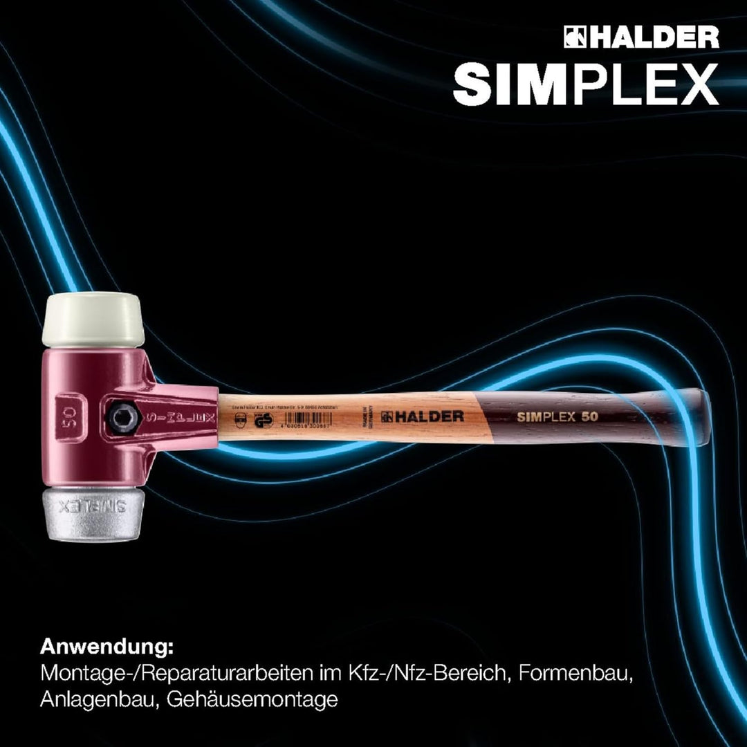 Simplex Schonhammer, Nylon / Weichmetall; mit Tempergussgehäuse und hochwertigem Holzstiel | D=50 mm