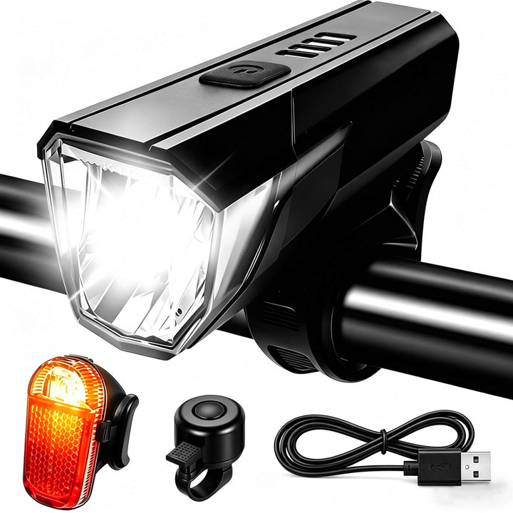 Fahrrad Licht Set Powerful USB, Fahrradlampe Vorne und Hinten Rechargeable, Wasserdicht IPX6, Kabell