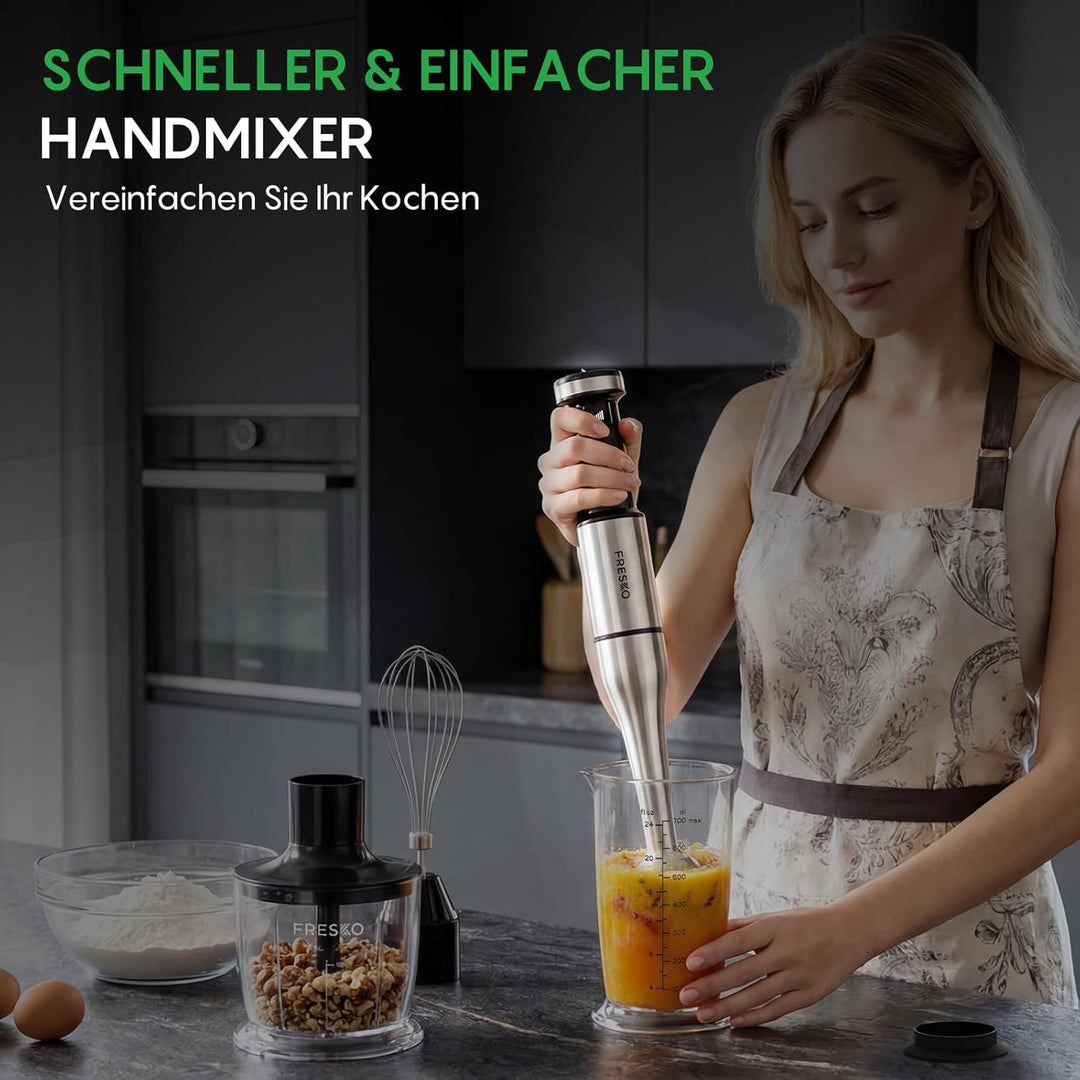 FRESKO Stabmixer 1000W mit Zubehör Set, Pürierstab Edelstahl inkl. Schneebesen, 500ml Zerkleinerer,