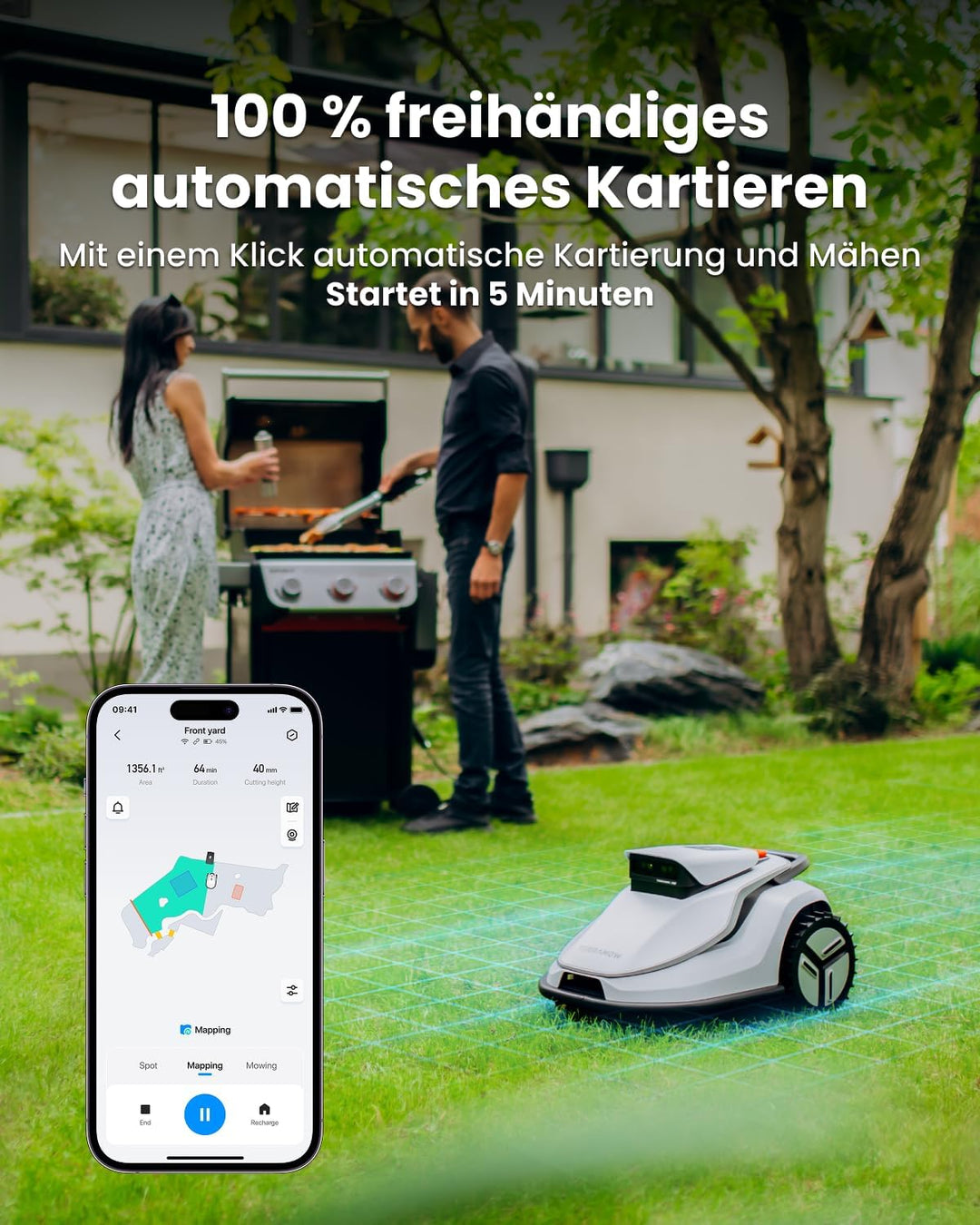 Terramow V1000 Mähroboter ohne Begrenzungskabel mit Garage, Tri-AI-Vision-Technologie ohne Draht-/RT