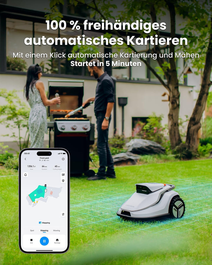 Terramow V1000 Mähroboter ohne Begrenzungskabel mit Garage, Tri-AI-Vision-Technologie ohne Draht-/RT