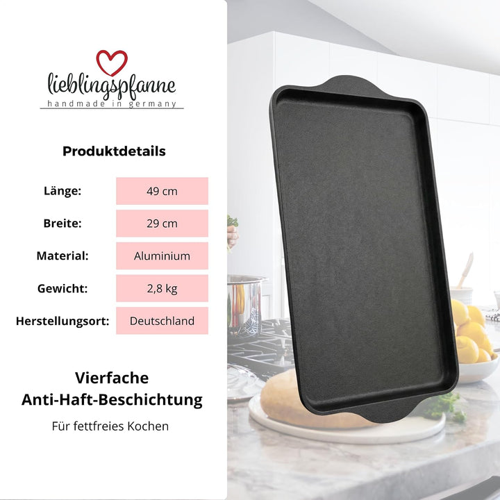 Lieblingspfanne Teppanyaki Grillplatte XXL 43x28 cm - mit Seitengriffen - glatte antihaftbeschichtet