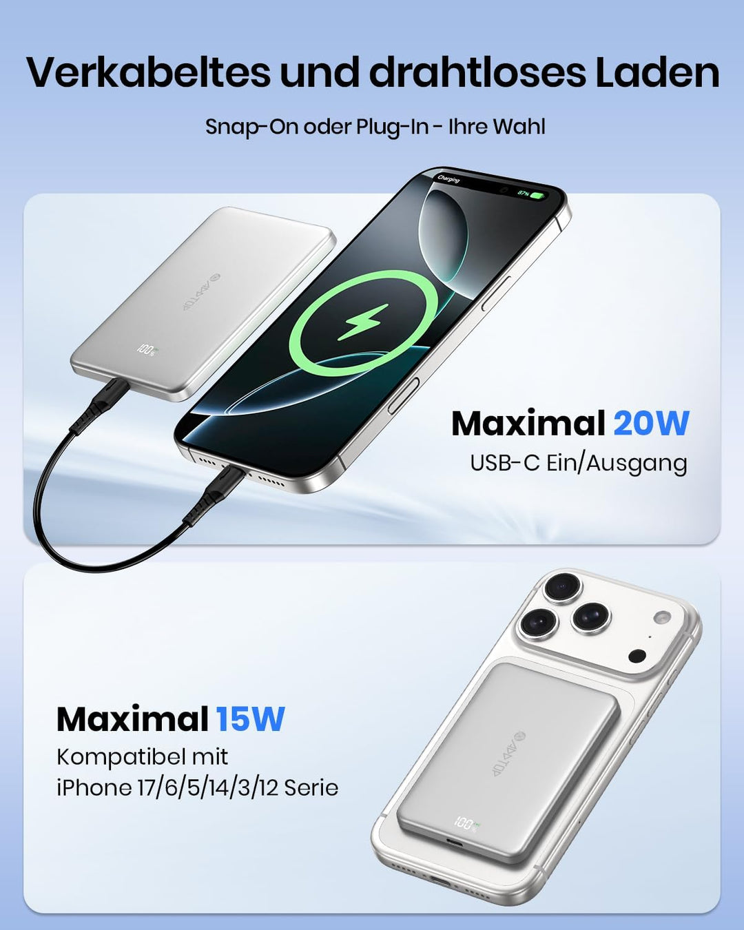 A ADDTOP Ultra Slim Magnetische Power Bank 5000mAh – 15 W Kabellose Powerbank mit USB C EIN/Ausgang