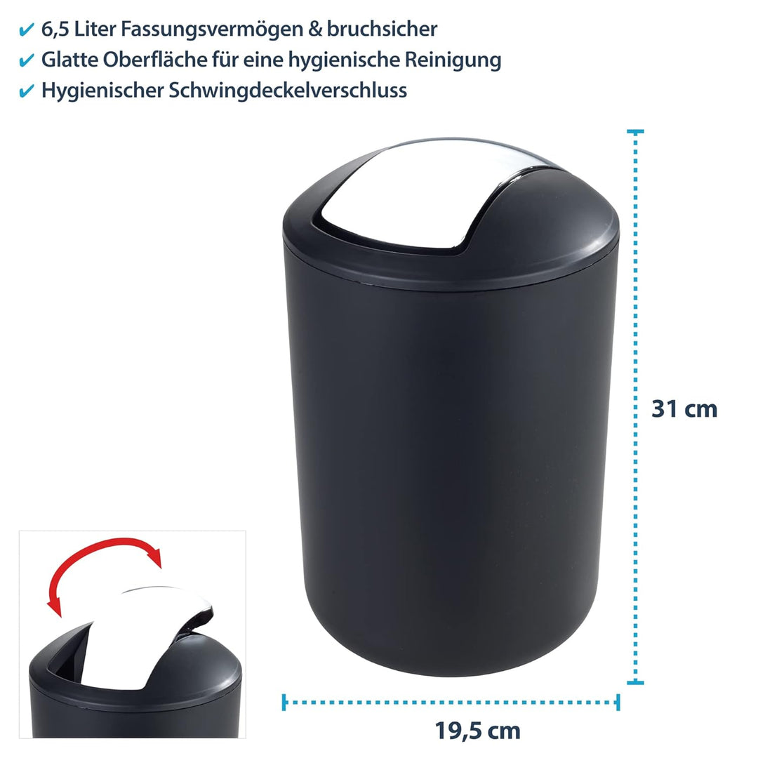 Kosmetikeimer mit Schwingdeckel 6,5 Liter (Schwarz) | Badmülleimer bruchsicher in verschiedenen Farb