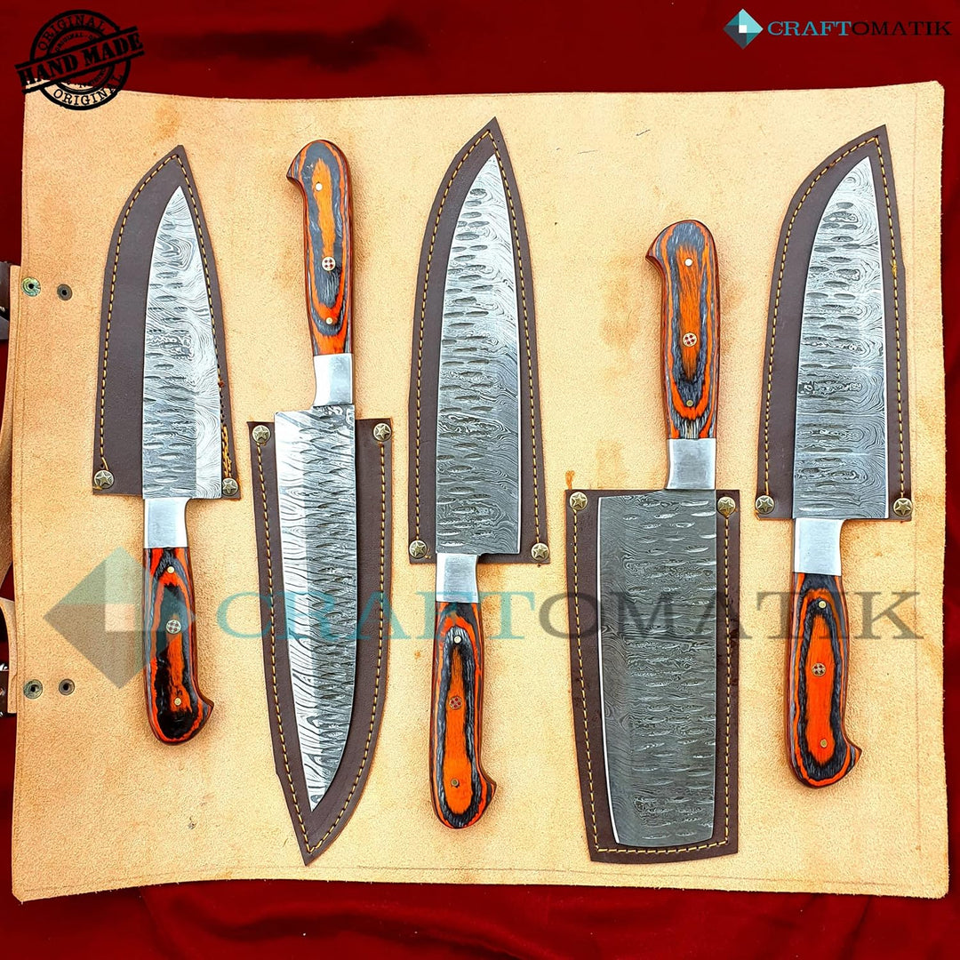 Damast Stahl Chef Set| Küchenmesser Set Camping Grill Besteck Geschenkset mit Ledermesserrolle | Koc