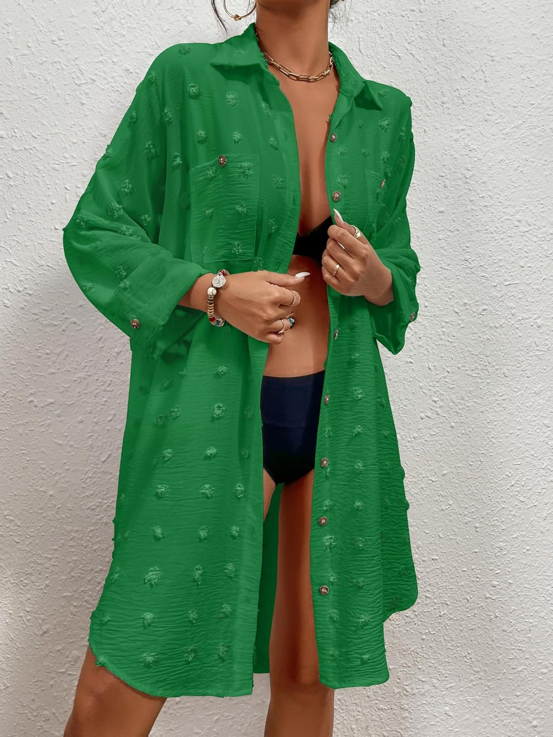 Bsubseach Damen-Badeanzug-Coverup Button-Down-Hemdkleider Swiss Dot Tops Dunkel Grün, Dunkel Grün
