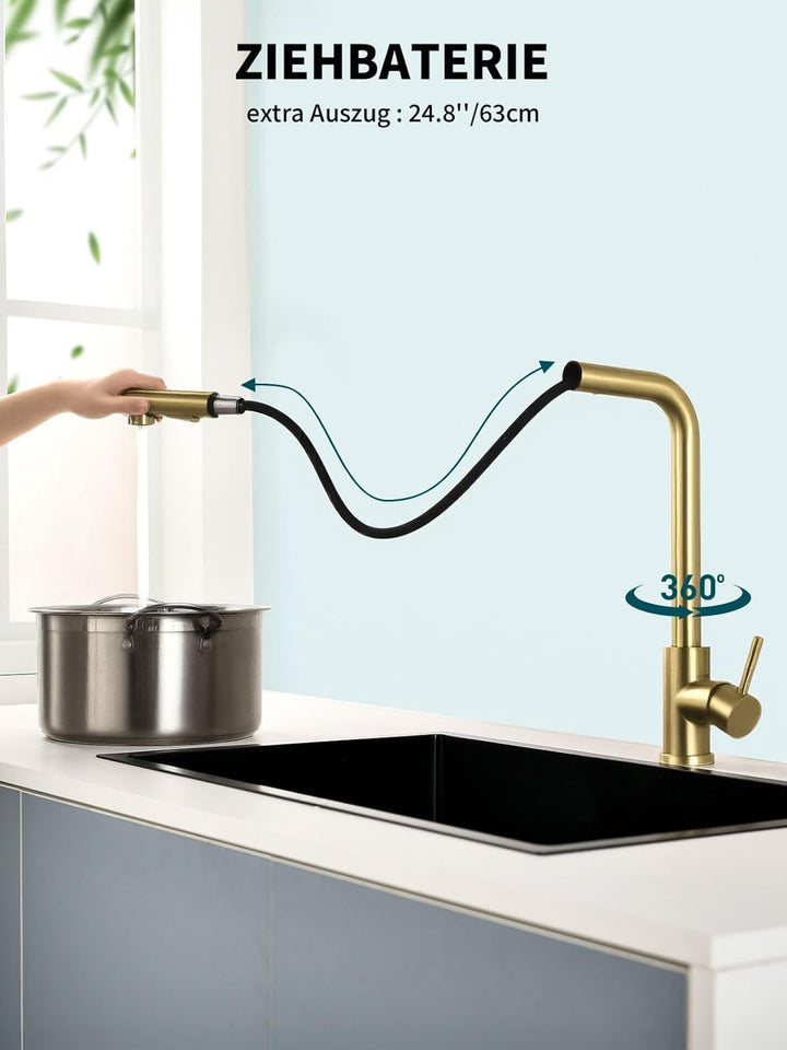 Wasserhahn Küche, Ausziehbare Küchenarmatur mit Sprühbrause aus Edelstahl und 2 Sprühfunktionen, 360
