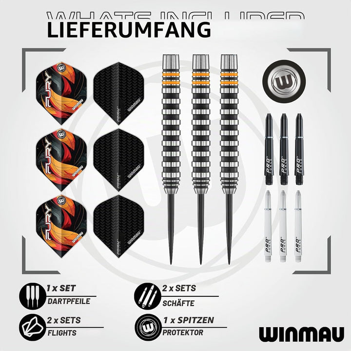 WINMAU Fury 24 Gramm Profi Wolfram Steeltip Dartpfeile Set mit Flights und Schäfte