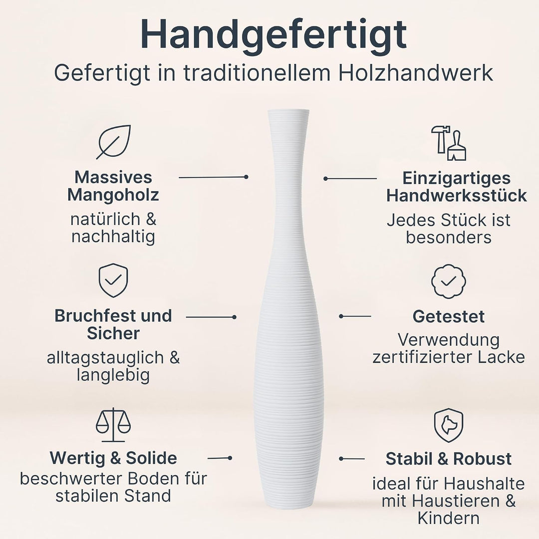 Leewadee Grosse Bodenvase für Dekozweige hohe Standvase Design Holzvase, Holz, 70 cm, Weiss 70 cm We