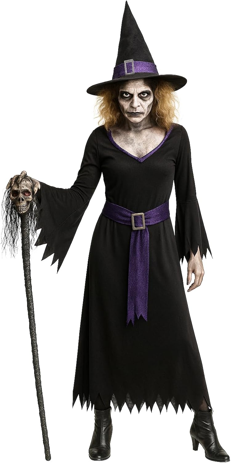 Foxxeo lila schwarzes Hexen Kostüm mit Hexenhut für Damen - Grösse M-XXXXL - Fasching Karneval Hallo