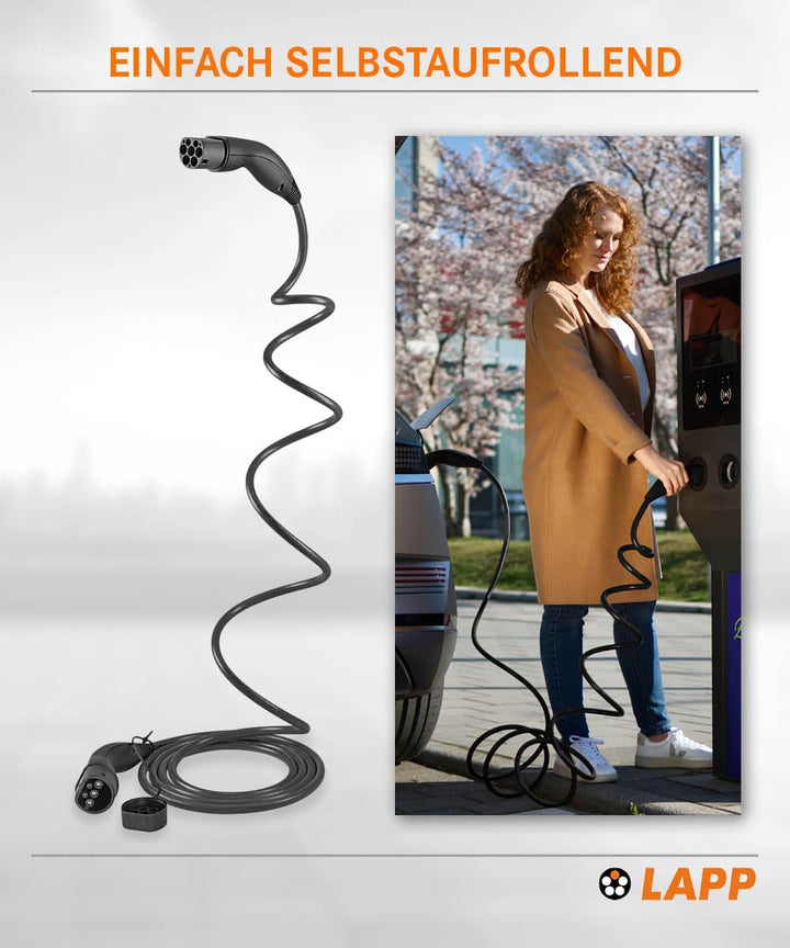 LAPP MOBILITY Helix Typ 2 Ladekabel 7,4 kW/Selbstaufrollend / 32 A / 1-Phasig/E-Auto Ladekabel/Mode