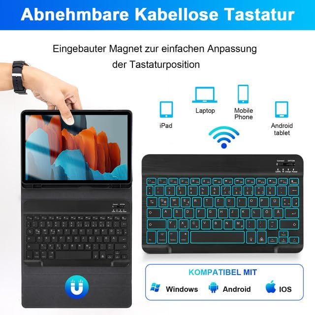 SOPPY Tastaturhülle mit Maus Samsung Galaxy Tab S8/Tab S7, Hülle mit Tastatur &amp; Maus, Schutzhülle mi