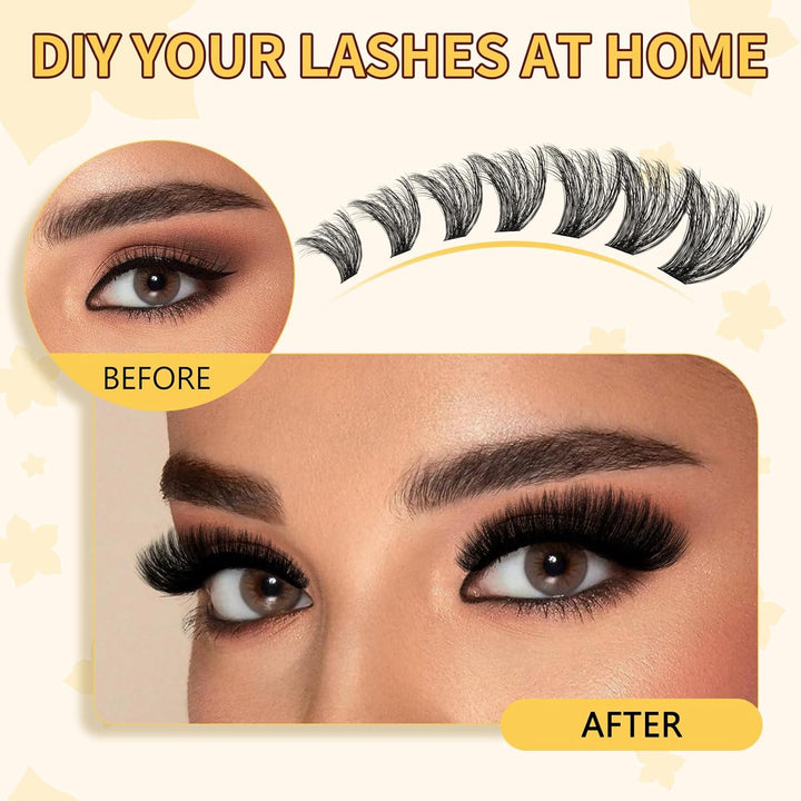 QUEWEL Wimpern-Extensions 320 Stück 80D+100D, DIY Lash-Extension-Set, Cluster-Lashes mit Wimpernkleb