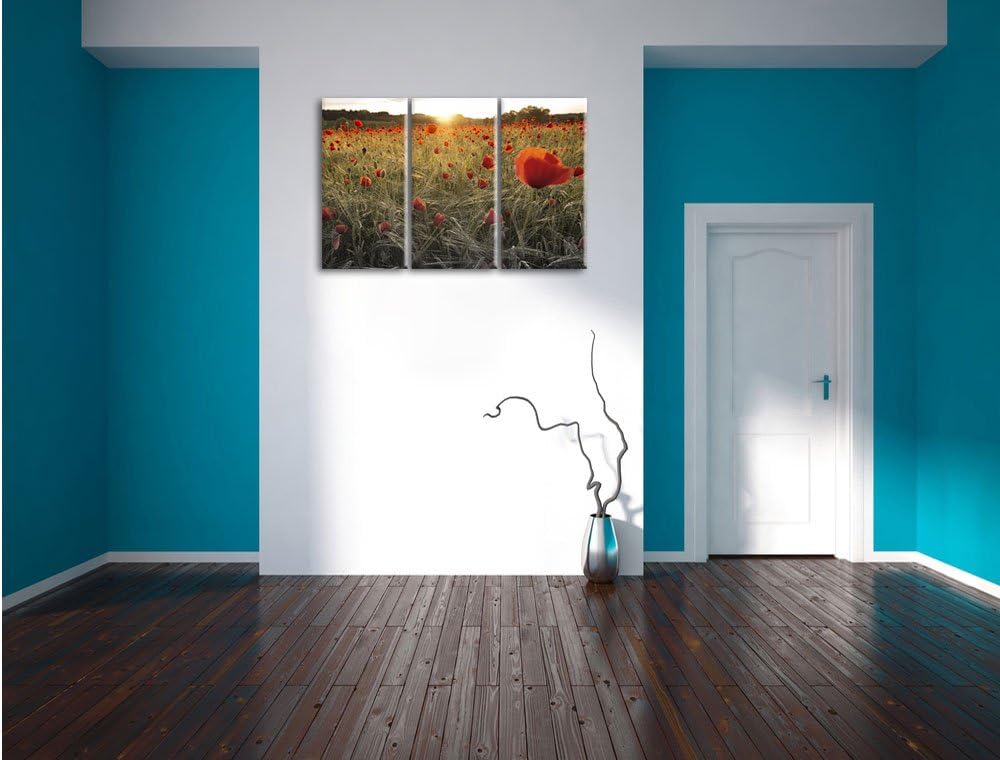 Pixxprint Traumhaftes Mohnfeld bei Sonnenuntergang Schwarz/Weiss 3-Teiler Leinwandbild 120x80 Bild a