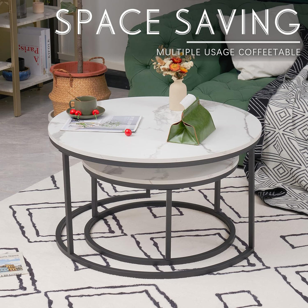 Soayone Couchtisch Rund 2er Set, Weiss Marmor Couchtisch mit Schwarz Metallgestell, Beistelltisch Ru