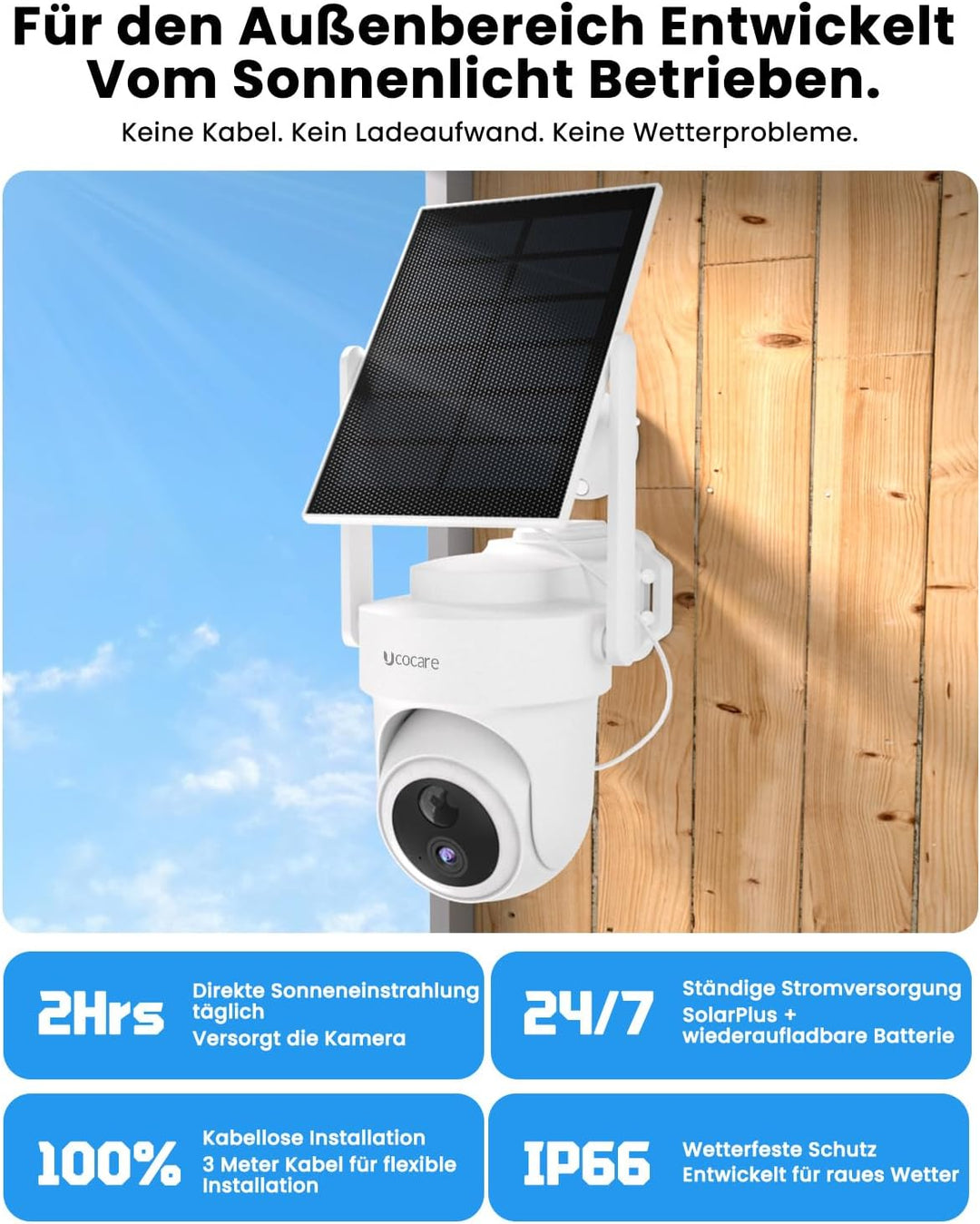 UCOCARE Überwachungskamera Aussen Solar, 4K Kamera Überwachungskamera Aussen, 2-Kamera-Set & Base St