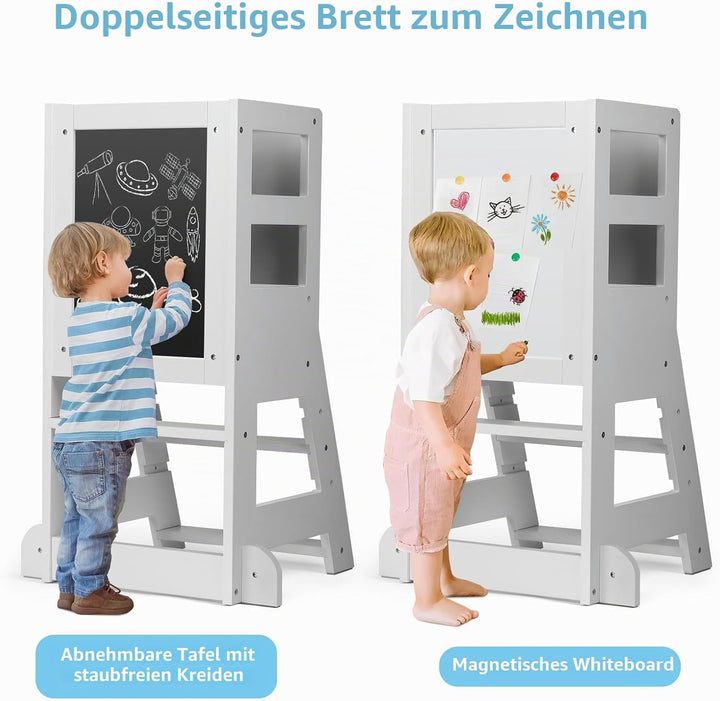 KIDINIX Lernturm mit 3 verstellbaren Höhen, Learning Tower mit magnetischem Whiteboard und Abnehmbar