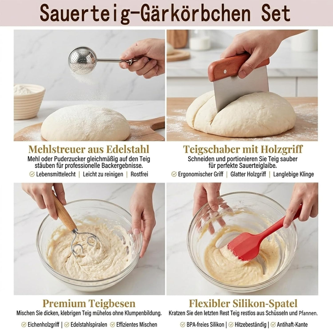 Sauerteig Starter Set, Brot backen Zubehör 23 teilig, Gärkorb Brot Rund 23cm, Brotkorb zum Backen, B