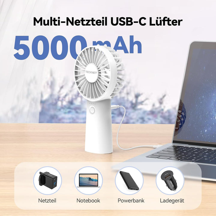 TECKNET Handventilator Tragbarer, 5000mAh Handventilator Akku Aufladbar, Mini handventilator mit LED