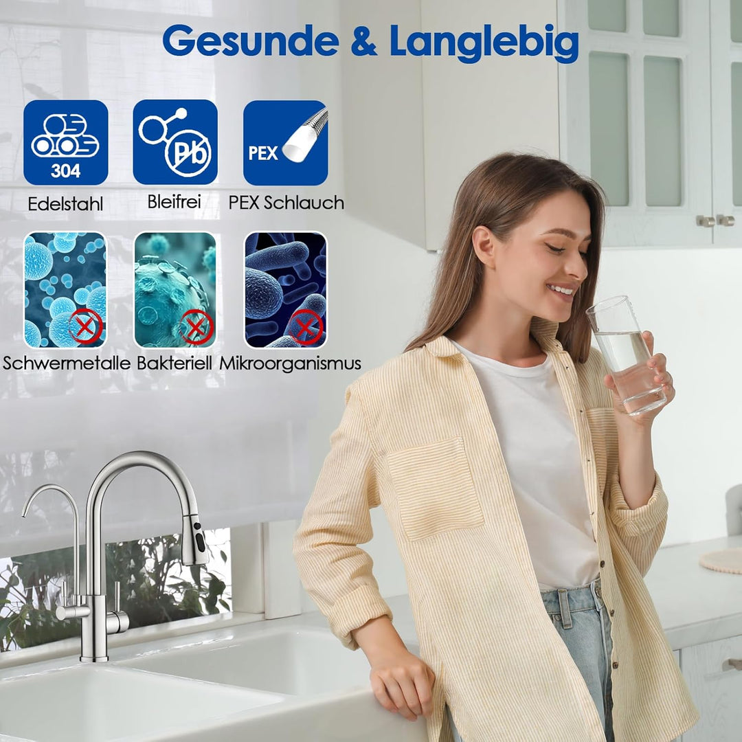 ROVOGO 3 Wege Wasserhahn Küche mit Filter, Hochdruck Küchenarmatur mit Brause Ausziehbar, Doppelhebe