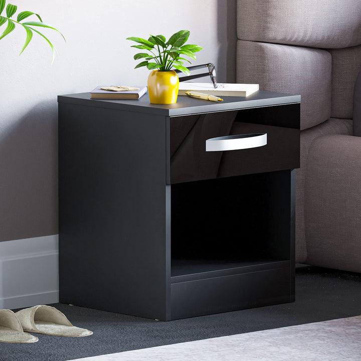 Vida Designs Hochglanz Nachttische, Nachttisch Beistelltisch (Schwarz, 1 Schublade) 1 Drawer Schwarz